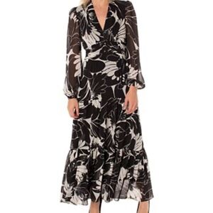 Taylor Black and White V-Neck Bishop Sleeve Dress